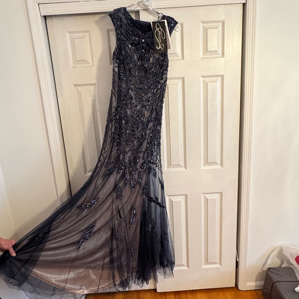 Mon Cheri Black and Tan Sequin Embellished Gown for Prom